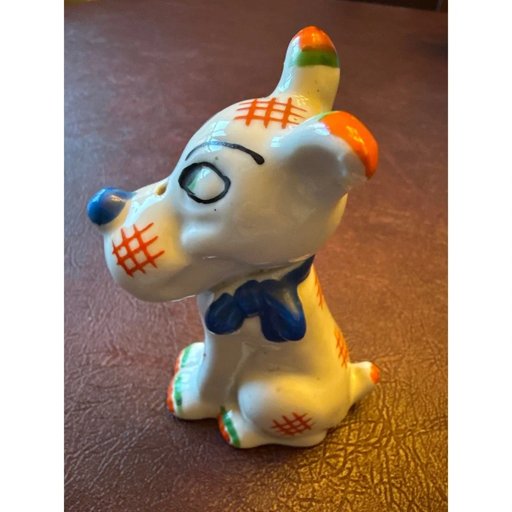 Vintage Hand Painted Japan Porcelain Dog Figurine Blue Bow Tie Patch Detail